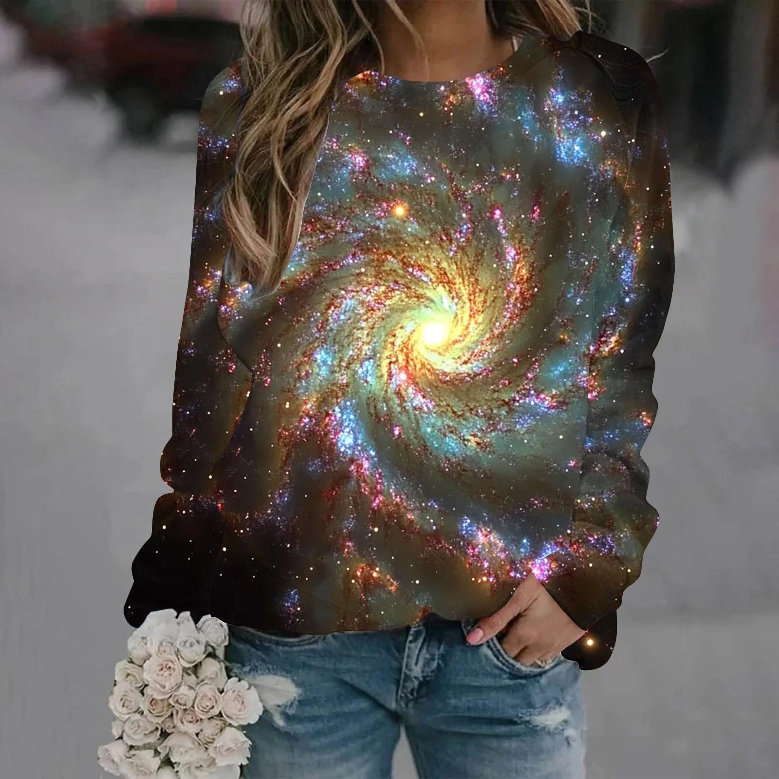 Лонгслив Komiseup Galaxy Женский, длинный рукав, круглый вырез, без капюшона, 3D принт галактики, большие размеры, модель 03, фото №2