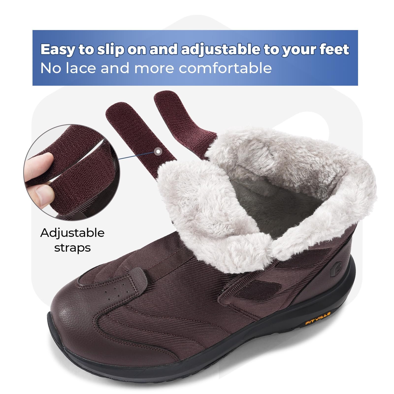 Ботинки FitVille Winter Winter Extra Wide Snow Boots Warm Lined Short Shaft Velcro Fastening Non-Slip Waterproof Outdoor, фото №6