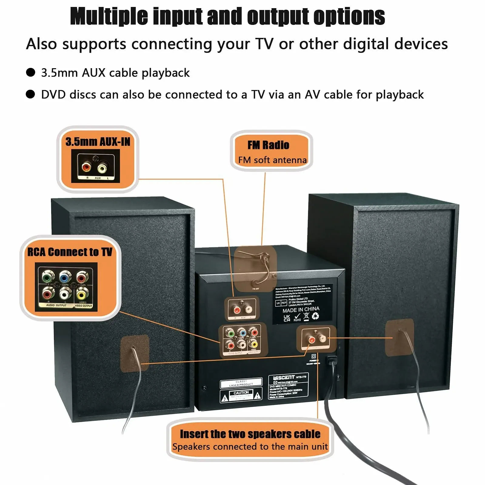 Hi-Fi система WISCENT 30 W с Bluetooth (CD-проигрыватель, DVD-проигрыватель, FM-радио, USB, AUX вход), фото №6 Hi-Fi система WISCENT 30 W с Bluetooth (CD-проигрыватель, DVD-проигрыватель, FM-радио, USB, AUX вход), фото №6