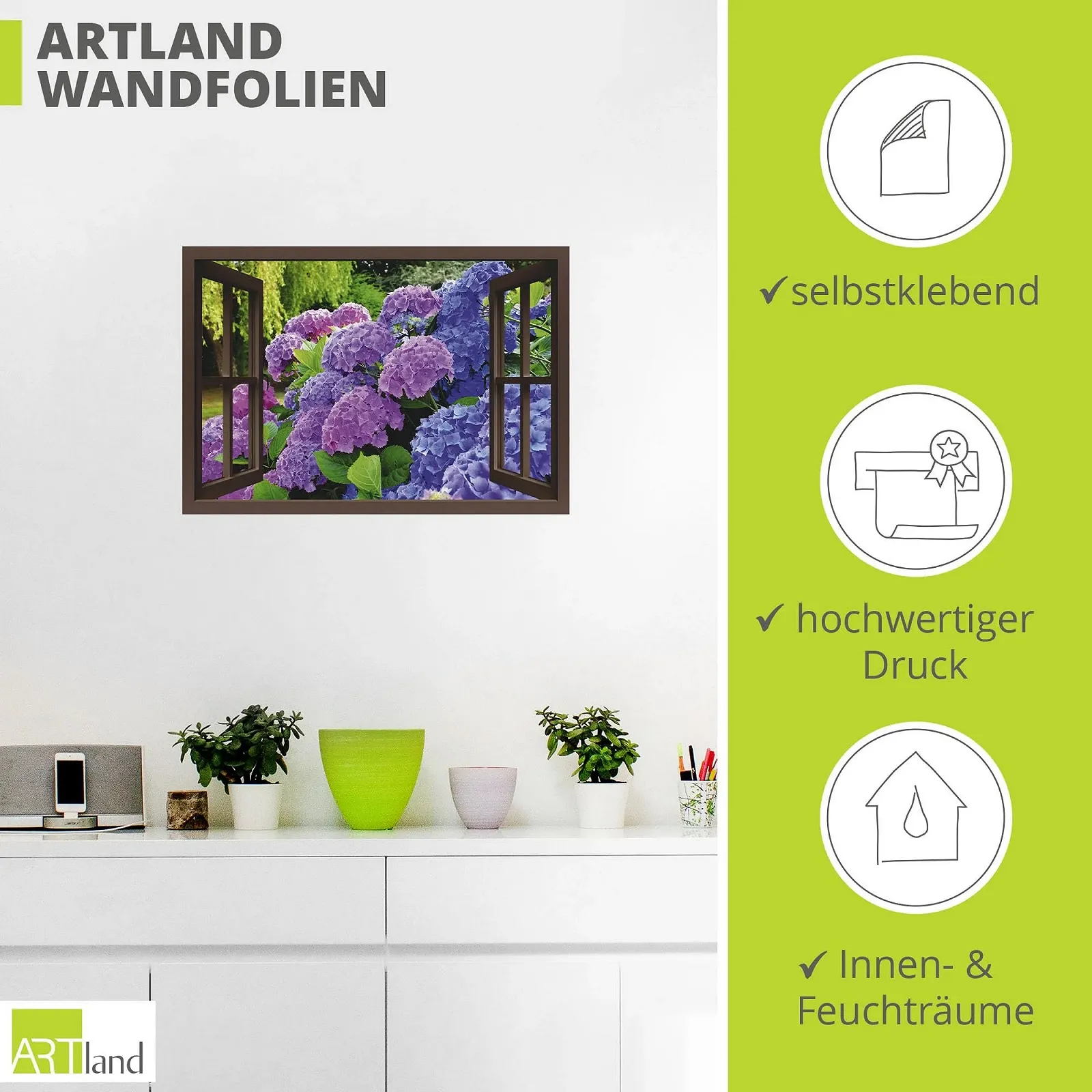 Наклейка на стіну Artland Aquaphoto Window View Hydrangeas in the Garden Вінілова плівка Пурпуровий, фото №3