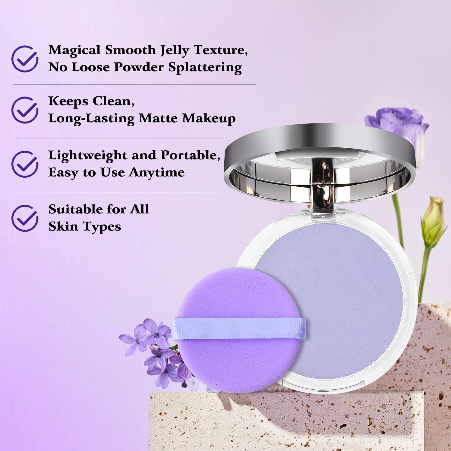 Пудра Matte Gel-like Formula Oil-Control Face Primer & Setting Powder Jelly Pressed Powder Waterproof (#A) Lavender, фото №5