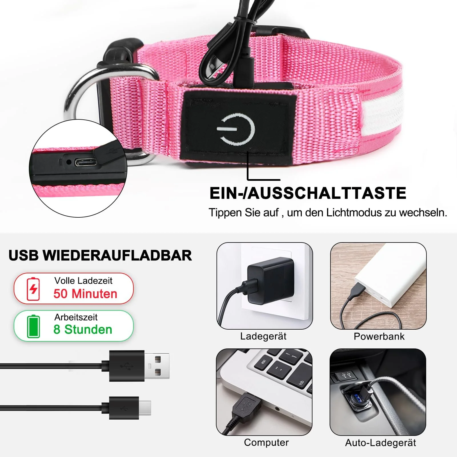 LED ошейник Nepfaivy Light USB Регулируемый Розовый XS, фото №3