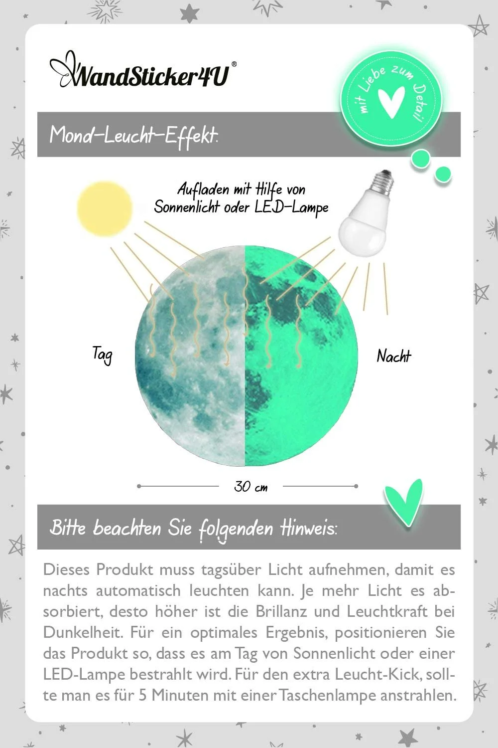 Наклейка на стіну WandSticker4U Світний місяць 30 x 30 см самоклейна флуоресцентна Сіро-блакитний/Зелений, фото №4