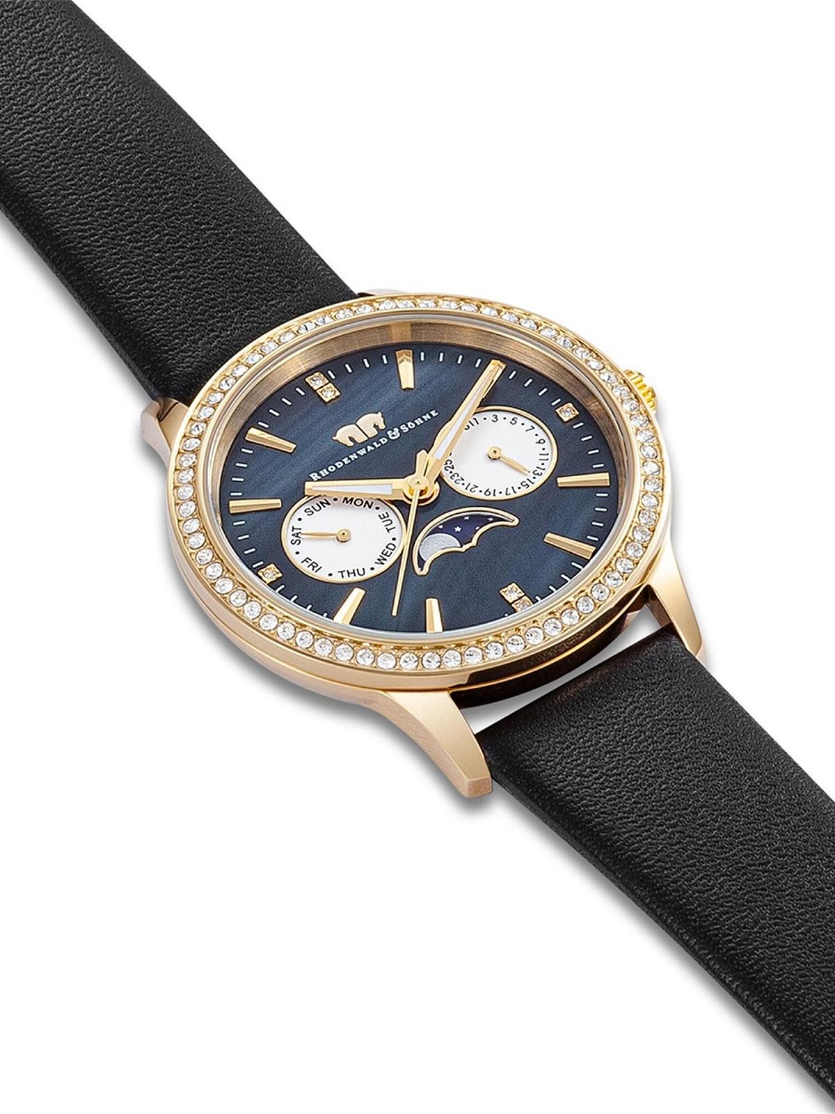 Женские часы Rhodenwald & Söhne, аналоговые, кварцевые, многофункциональные, 10010432, черные, с кристаллами, золотой, с ремешком из натуральной кожи, фото №3