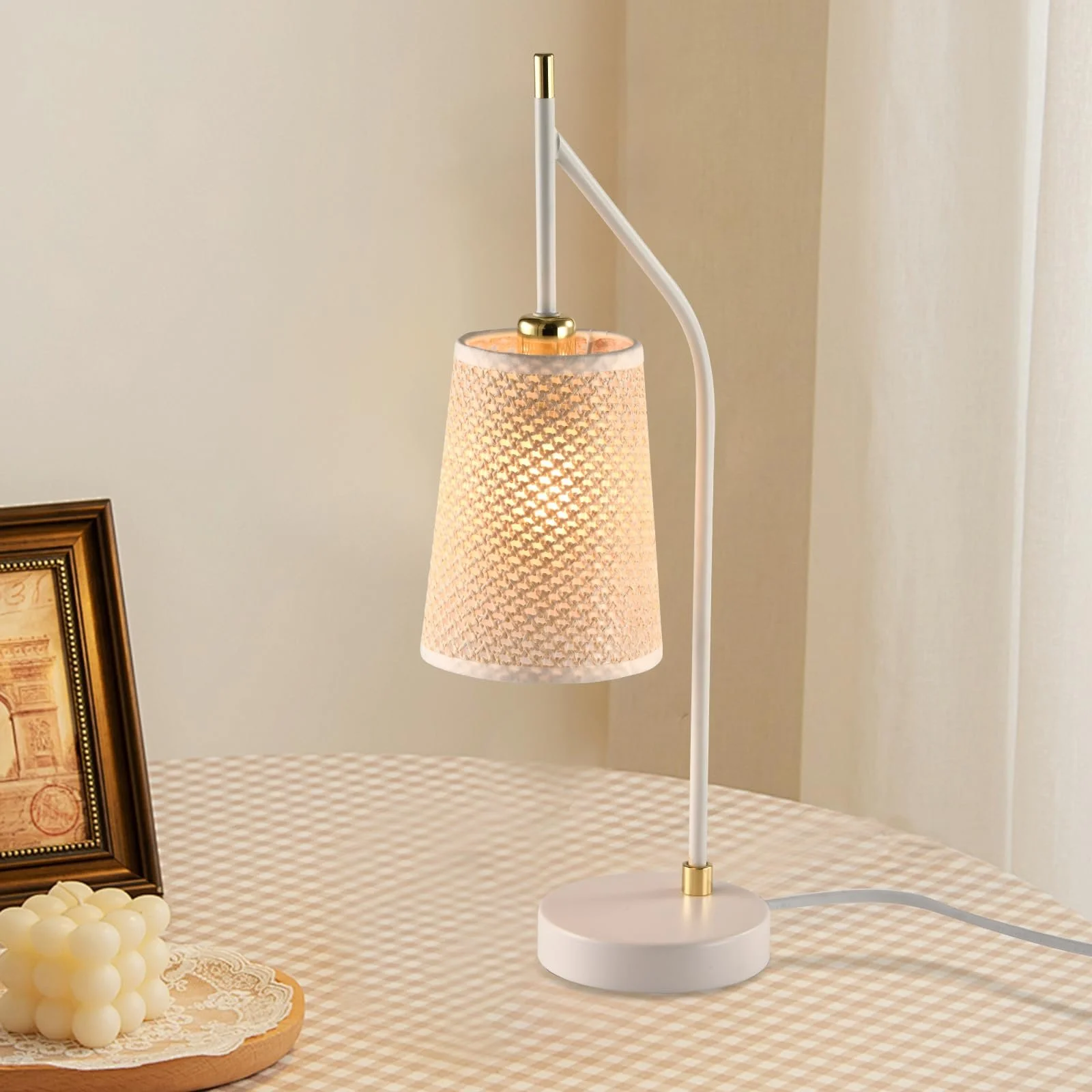 Настільна лампа LQWELL Retro Vintage E14 метал бежева тканинна кришка біла з золотом, фото №6
