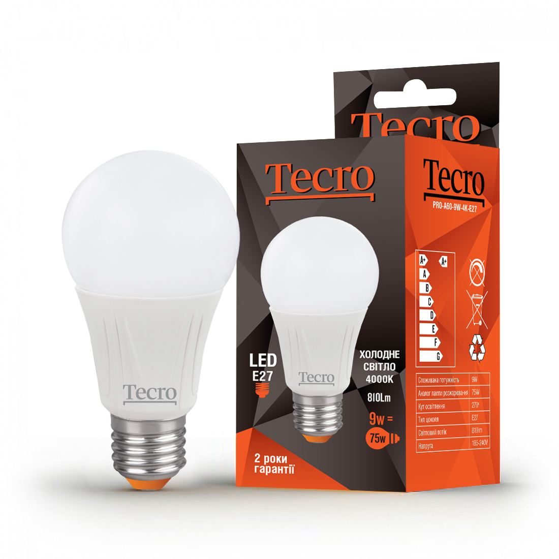 Лампа LED Tecro PRO-A60-9W-4K-E27 9W 4000K E27, фото №1