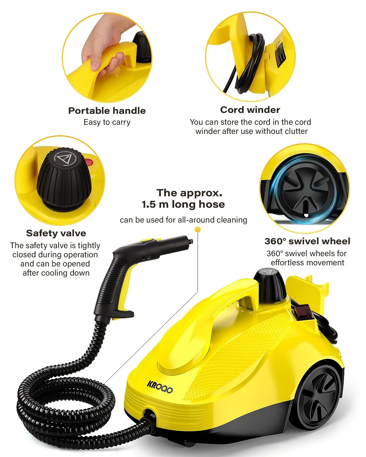 Пароочисник багатофункціональний KROQO 23 аксесуари 5 бар 160 °C 1.5 л 5 м кабель, фото №7