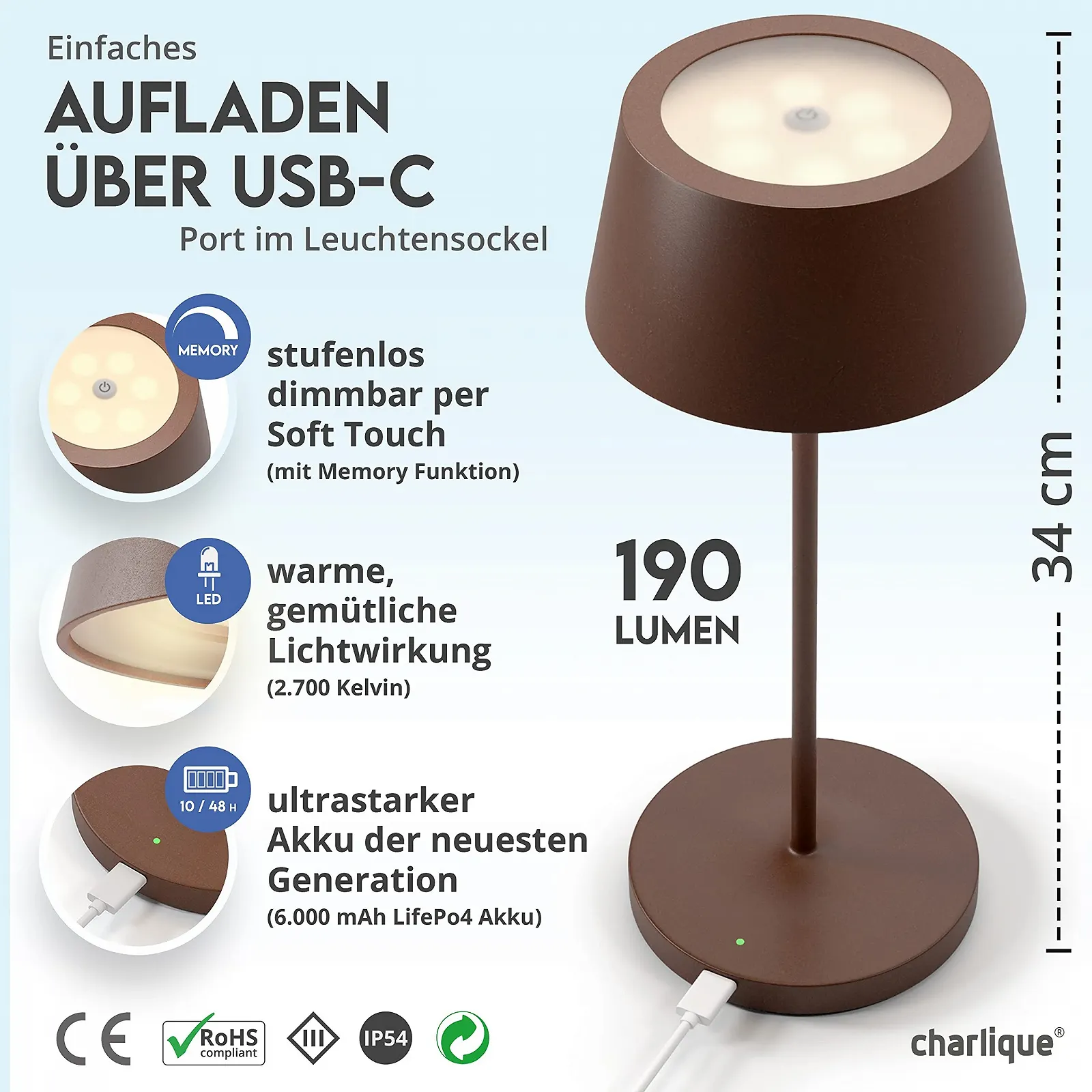 Настільна лампа charlique Dinner Light LED 34 см Акумуляторна USB IP54 Коричнева, фото №4