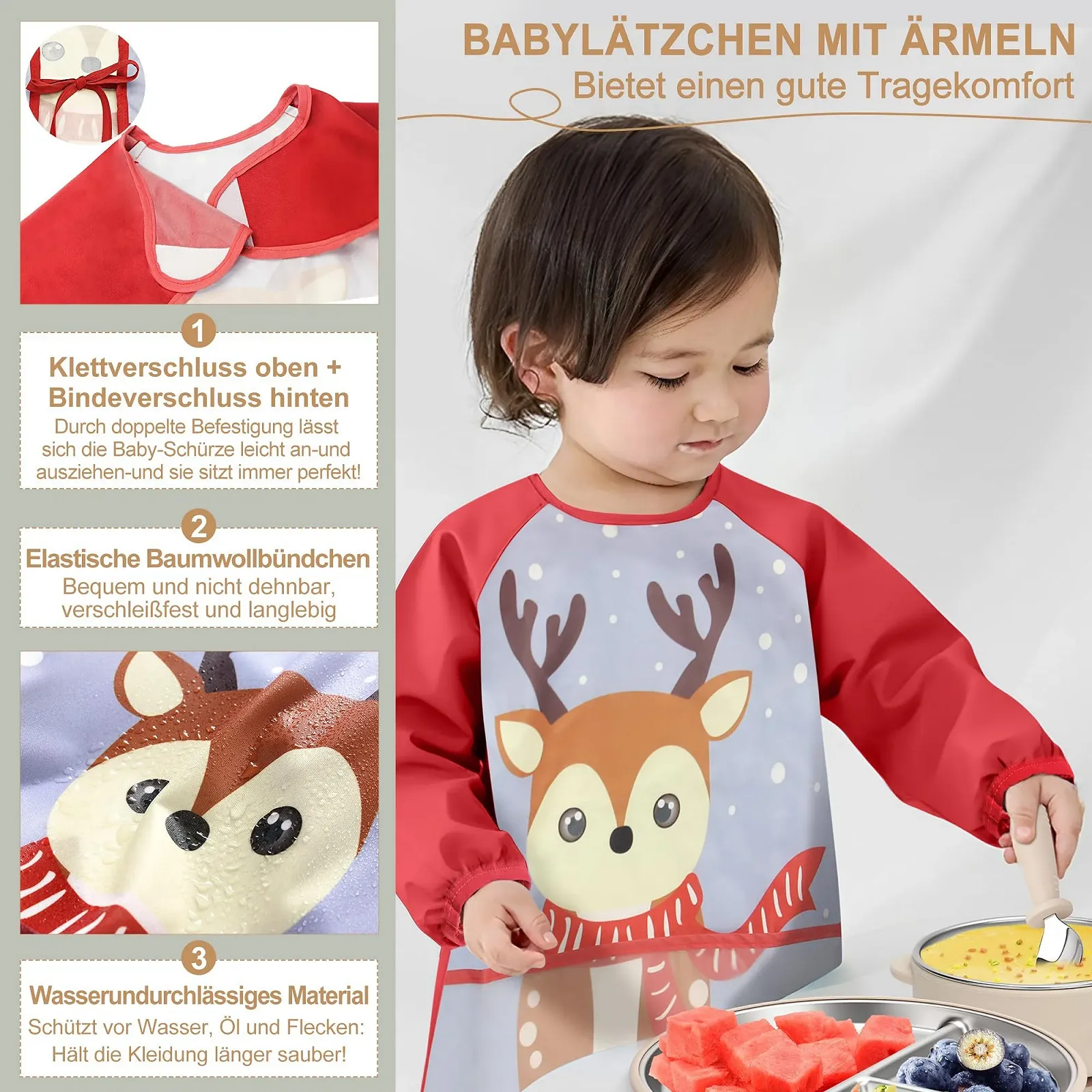 Набір дитячого посуду MOJINL з нержавіючої сталі з присоскою, 6 предметів: дитяча тарілка, чашка, дитячий слинявчик з рукавами, ложка, виделка, миска, без BPA, фото №4