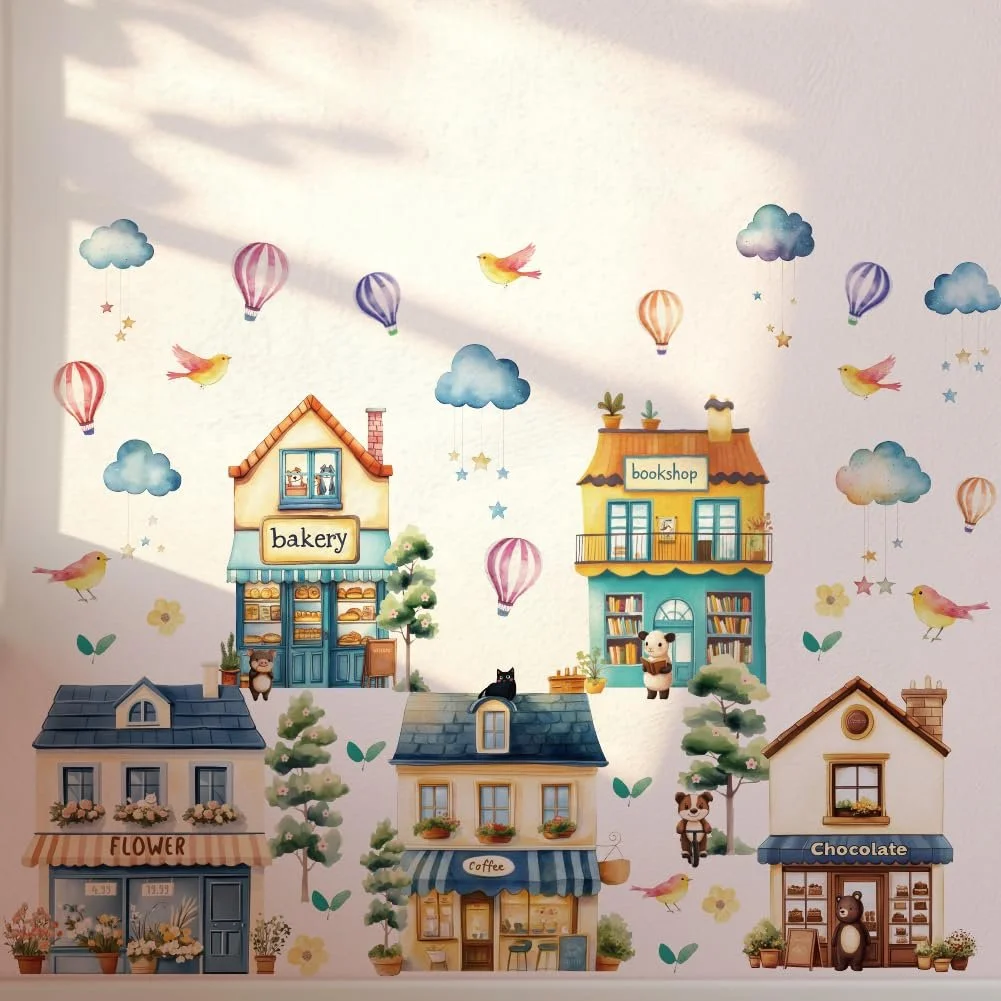 Наклейки на стіну 3 аркуші Акварельні будинки Вуличні будівлі Вінтажний стиль, фото №4