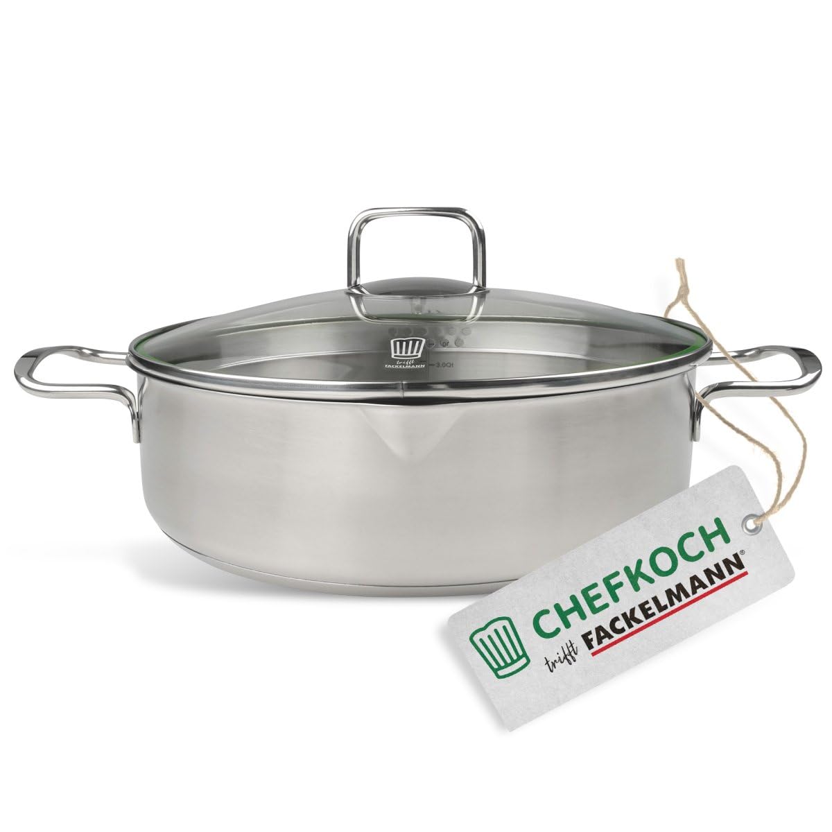 Каструля FACKELMANN Chefkoch Munich діаметр 28 см з системою дозування олії та енергозберігаючим капсульним дном - Нержавіюча сталь - Підходить для всіх плит, включаючи індукційні - Приблизно 5 літрів, фото №1 Каструля FACKELMANN Chefkoch Munich діаметр 28 см з системою дозування олії та енергозберігаючим капсульним дном - Нержавіюча сталь - Підходить для всіх плит, включаючи індукційні - Приблизно 5 літрів, фото №1
