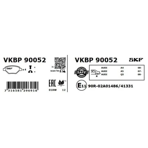 Комплект колодок дискового гальма SKF VKBP 90052 для AUDI задня вісь, фото №3