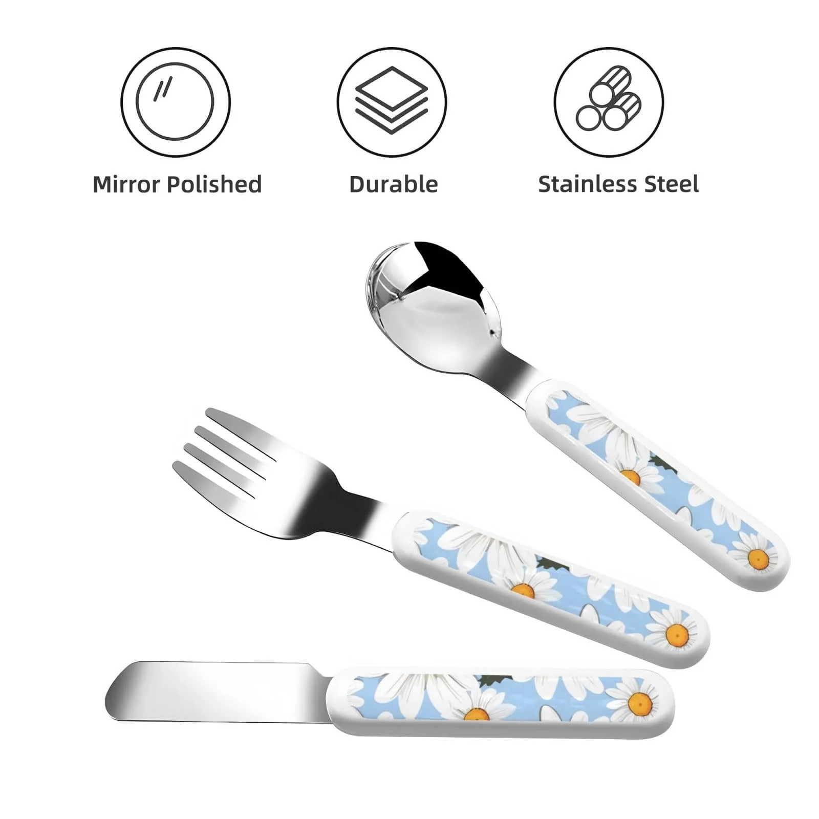 Дитячий набір столових приборів з трьох предметів Neat White Daisies пікніка, багаторазовий, фото №2 Дитячий набір столових приборів з трьох предметів Neat White Daisies пікніка, багаторазовий, фото №2