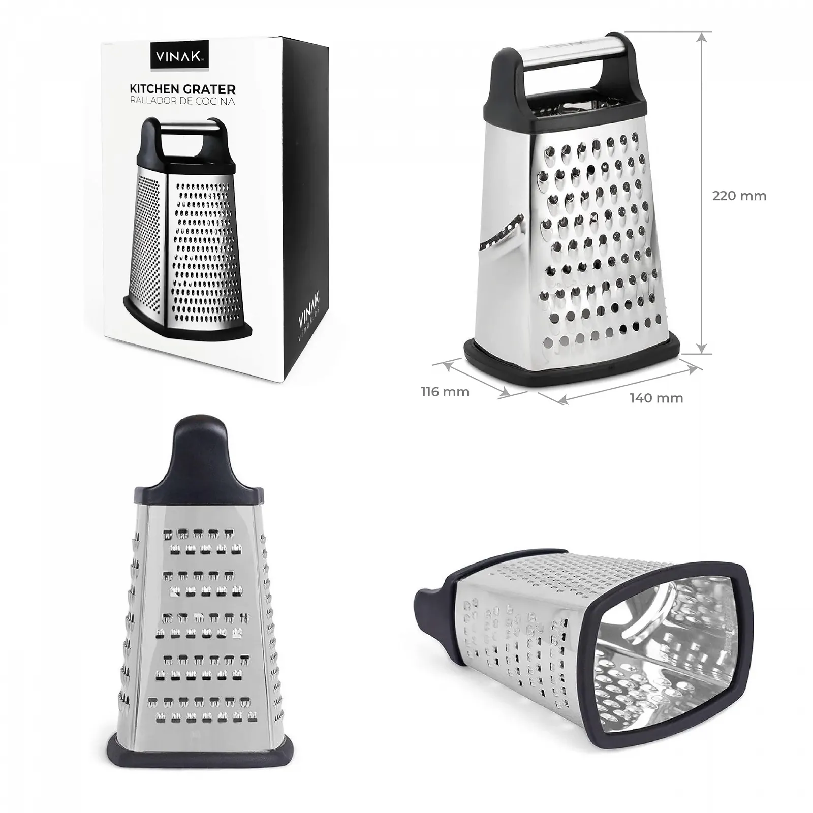 Терка VINAK Большая кухонная из нержавеющей стали с 4 сторонами: широкая, длинная, мелкая и для цедры с эргономичной ручкой и нескользящей резиновой основой., фото №6 Терка VINAK Большая кухонная из нержавеющей стали с 4 сторонами: широкая, длинная, мелкая и для цедры с эргономичной ручкой и нескользящей резиновой основой., фото №6