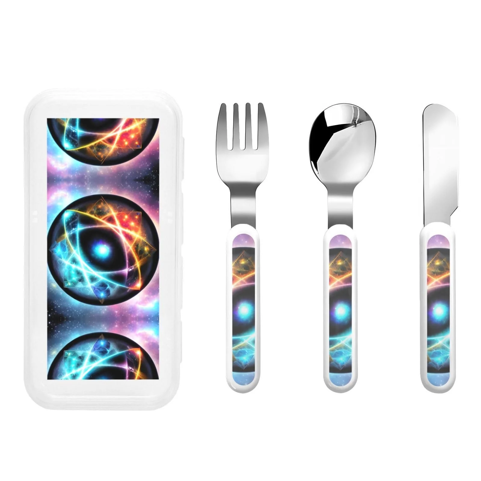 Набір дитячих столових приборів з принтом Wonderful Universe, три предмети, багаторазовий, фото №1 Набір дитячих столових приборів з принтом Wonderful Universe, три предмети, багаторазовий, фото №1
