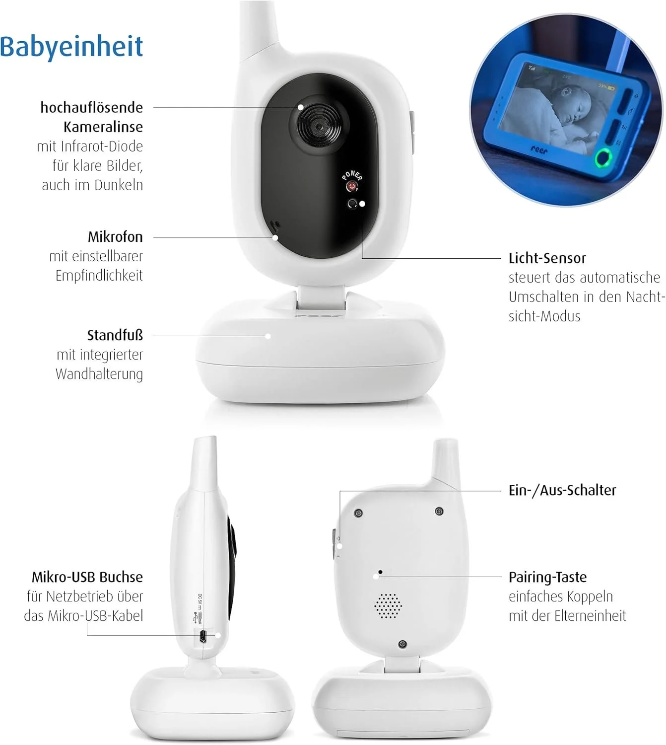 Детская видеоняня с монитором 4.3'' reer BabyCam L Wi-Fi Белый, фото №4