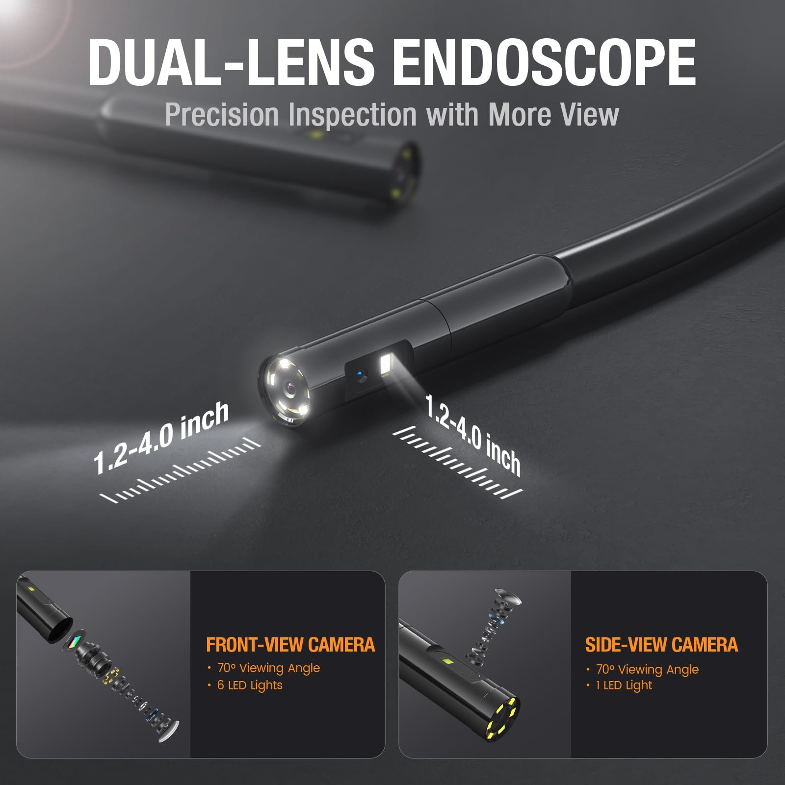Ендоскопічна камера Teslong Dual Lens з підсвічуванням, HD ендоскоп з екраном 4,3 дюйма, водонепроникна камера IP67, інспекційна камера, напівжорсткий кабель 5 метрів (без TF-карти), фото №2