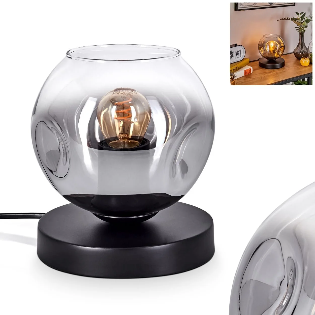 Настільна лампа Ripoll Metal/Glass Modern Retro/Vintage 15 см E27 Чорний/Димчастий/Прозорий, фото №1