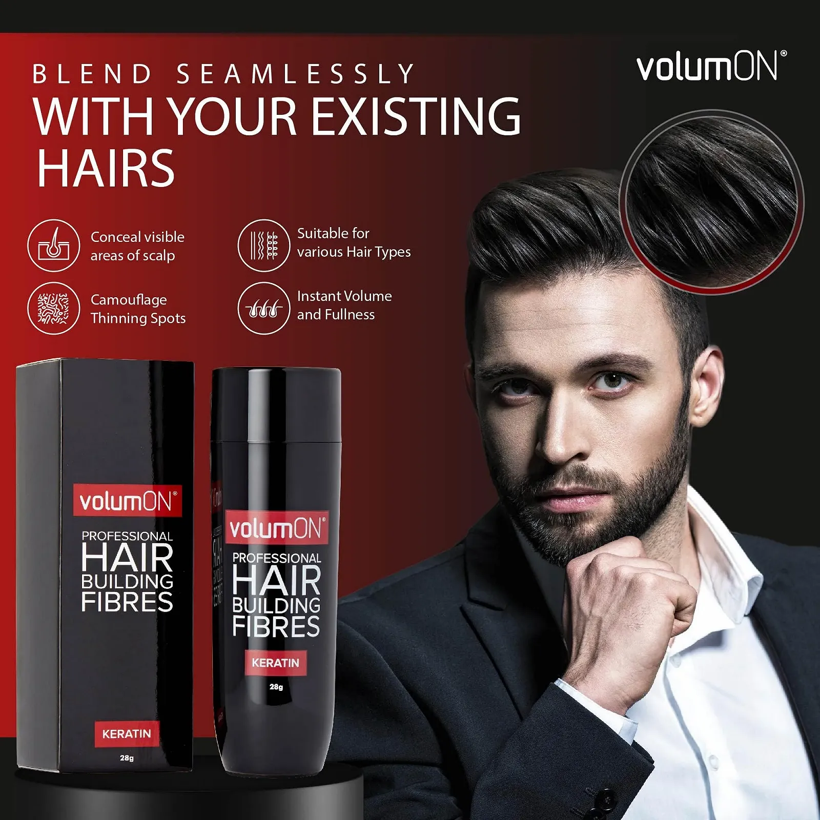Волокна Volumon Keratin Hair Building Fibres для тонкого волосся - миттєво приховують зони порідіння, 28 г x 2, фото №4