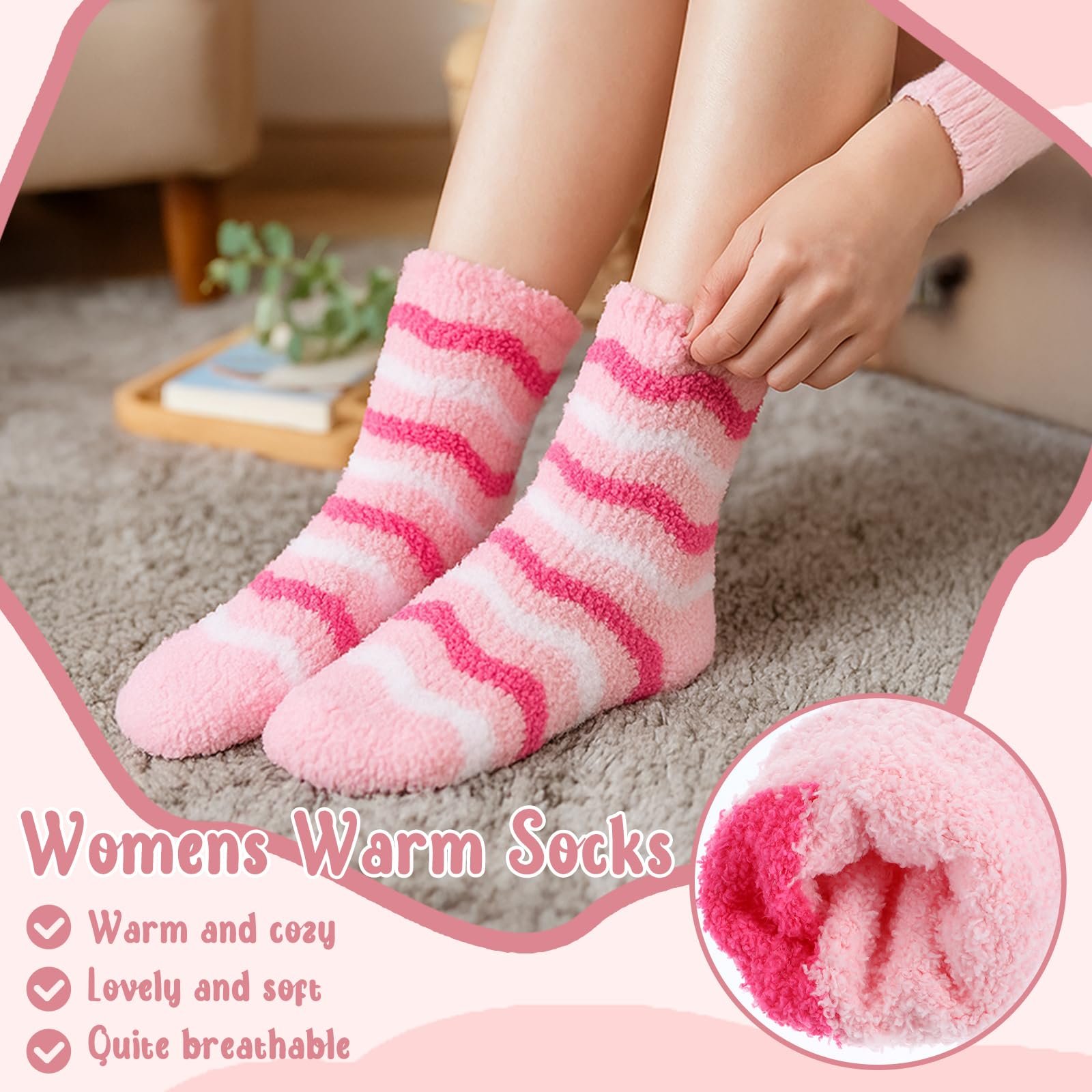 Носки Женские Пушистые 3 Пары Полосатые Розовые (Сердце), фото №6