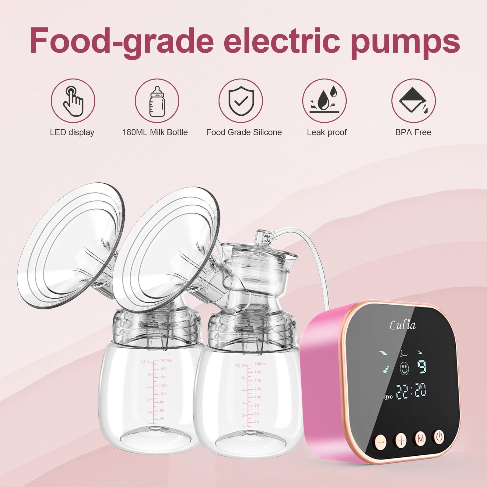 Молокоотсос электрический Lulia Двойной с 10 пакетами для хранения, 4 режима и 9 уровней, безболезненный, сильное всасывание, BPA-Free (Розовый), фото №2 Молокоотсос электрический Lulia Двойной с 10 пакетами для хранения, 4 режима и 9 уровней, безболезненный, сильное всасывание, BPA-Free (Розовый), фото №2