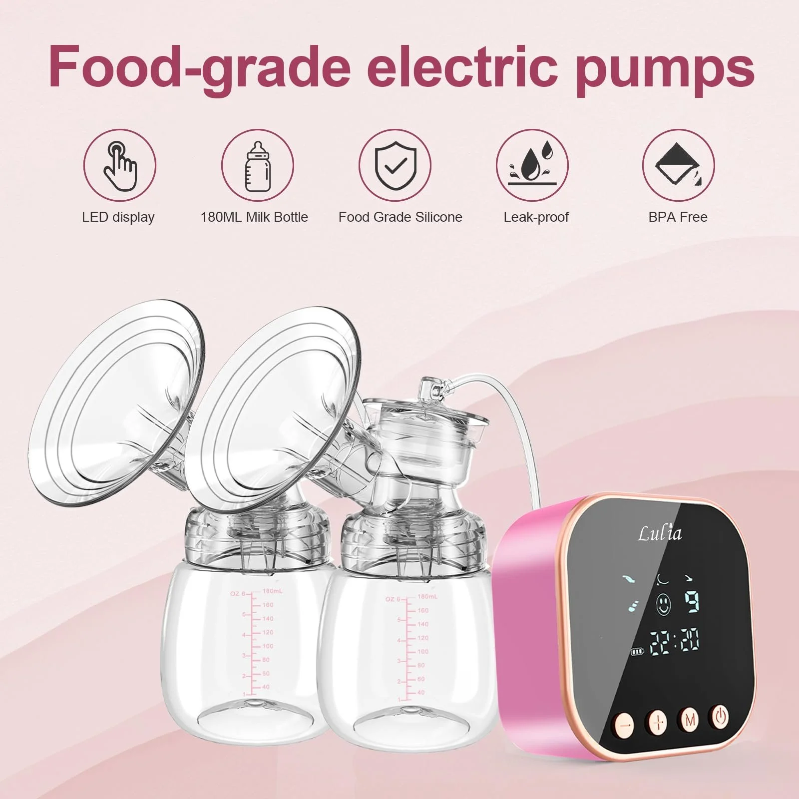 Молоковідсмоктувач електричний Lulia Подвійний з 10 пакетами для зберігання, 4 режими та 9 рівнів, безболісний, сильне всмоктування, BPA-Free (Рожевий), фото №2 Молоковідсмоктувач електричний Lulia Подвійний з 10 пакетами для зберігання, 4 режими та 9 рівнів, безболісний, сильне всмоктування, BPA-Free (Рожевий), фото №2