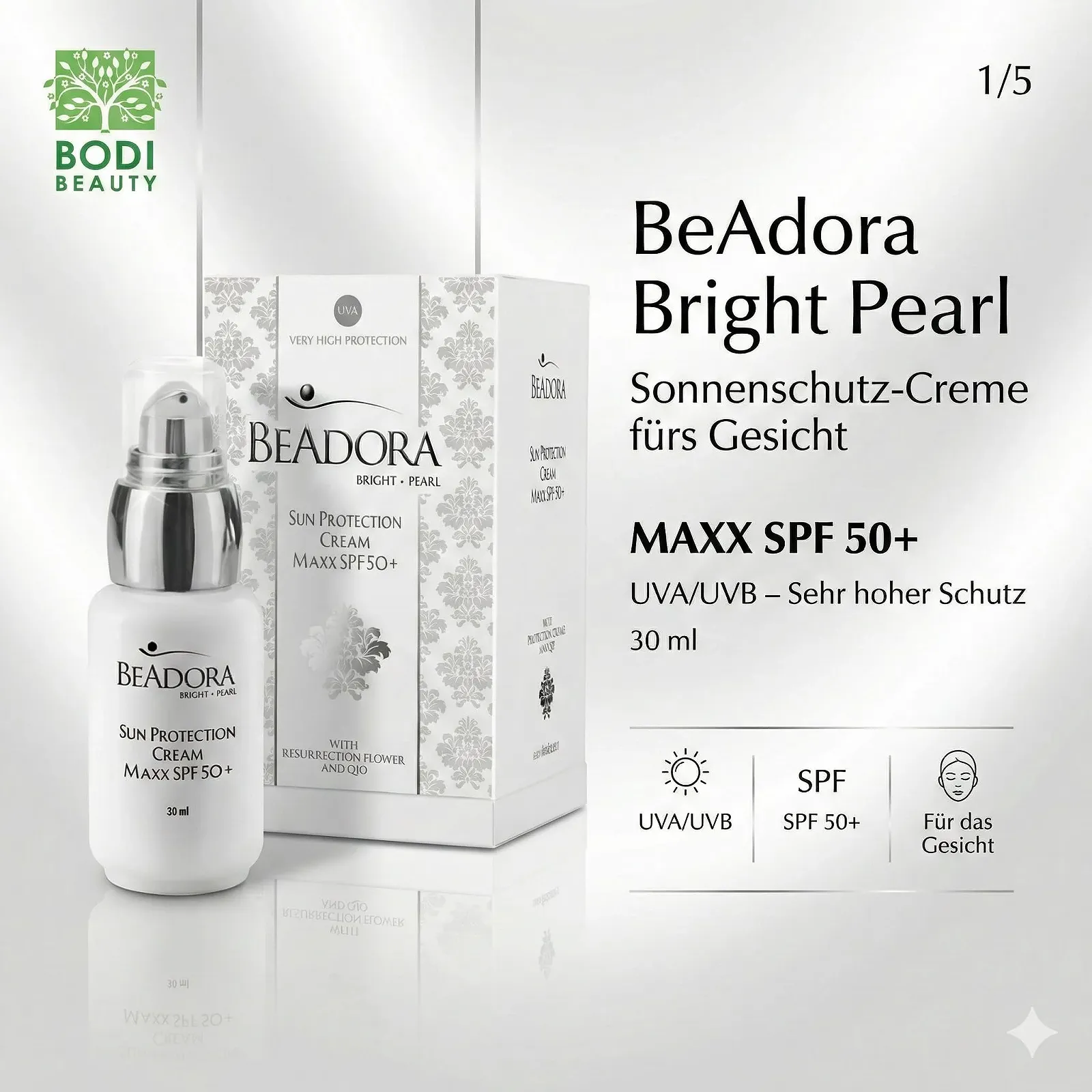 Денний крем BeAdora Bright Pearl MAXX SPF 50+ з ніацинамідом, альфа-арбутином та Q10 30 ml, фото №2