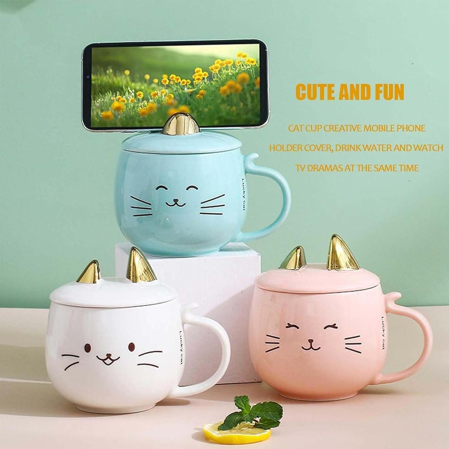 Кухоль керамічний Креативний Тварини Вуха Кришка і ложка 480 мл Рожевий, фото №4