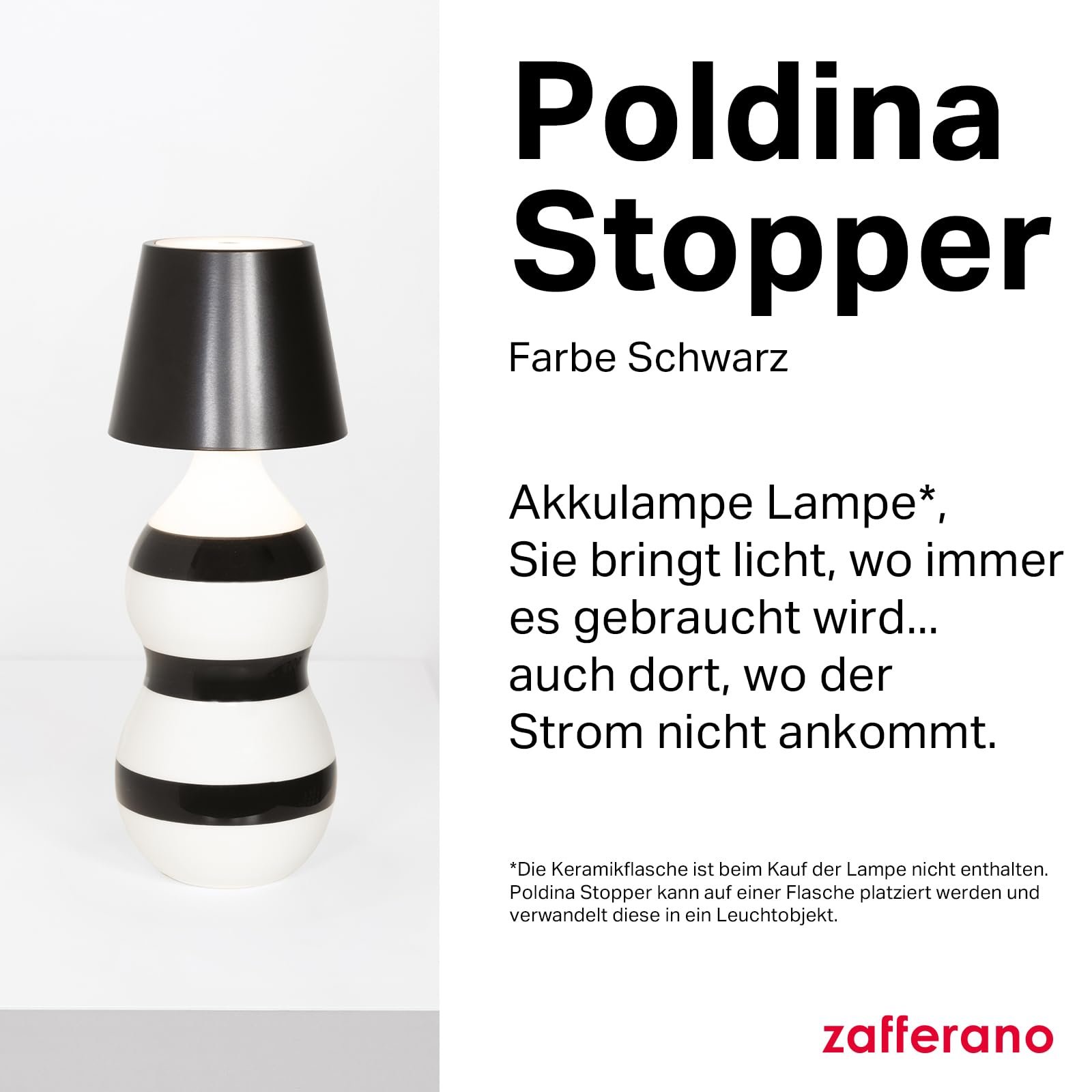 Настільна лампа Zafferano Poldina Stopper Бездротова Акумуляторна для пляшок Сенсорне керування Диммер 2200-3000 K 11 см Чорна, фото №2