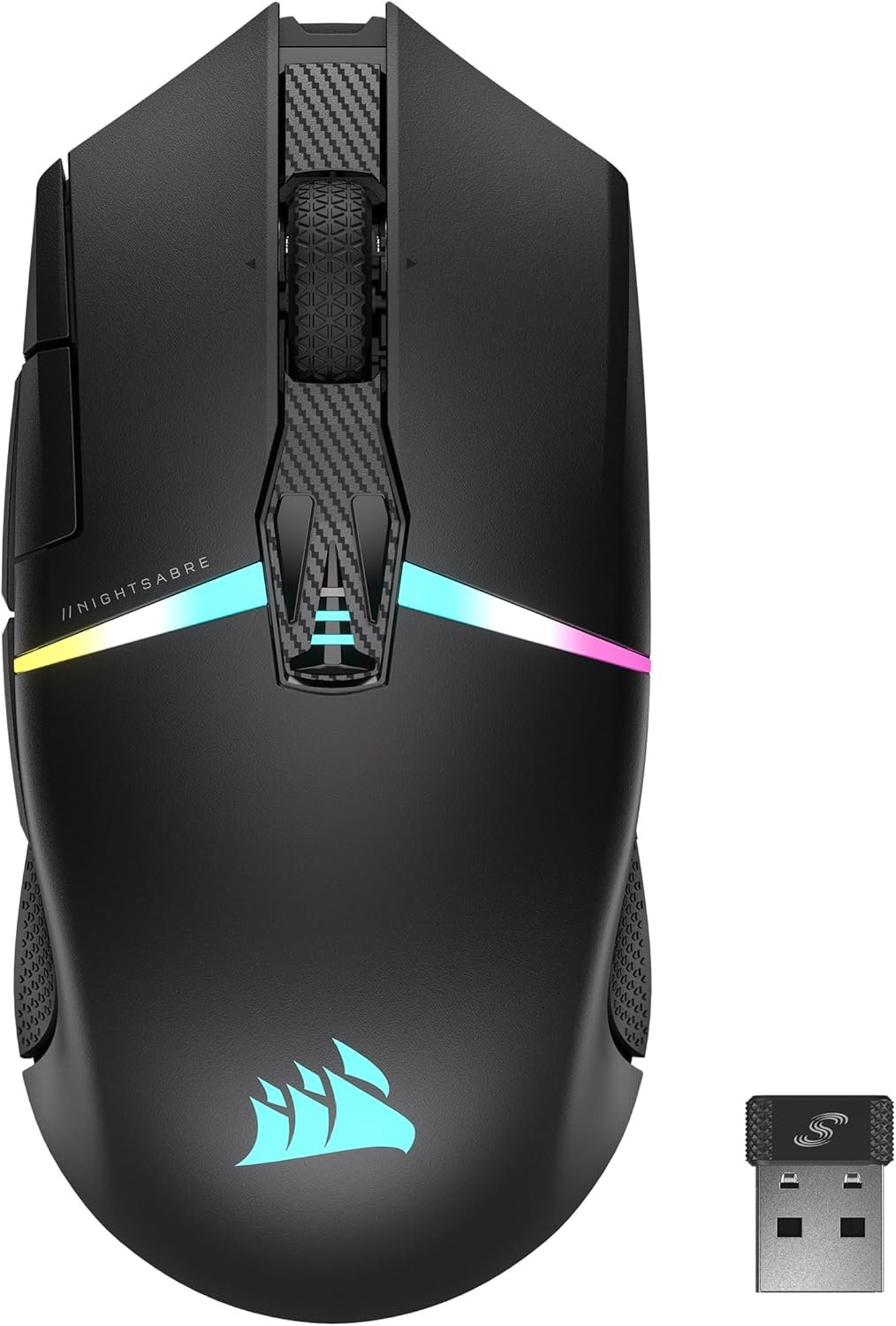 Ігрова бездротова миша Corsair NIGHTSABRE RGB / Bluetooth / Радіоканал / 26000 DPI / 8 кнопок / RGB підсвітка / Інерційне 4Д колесо / Чорна (CH-931B011), фото №1