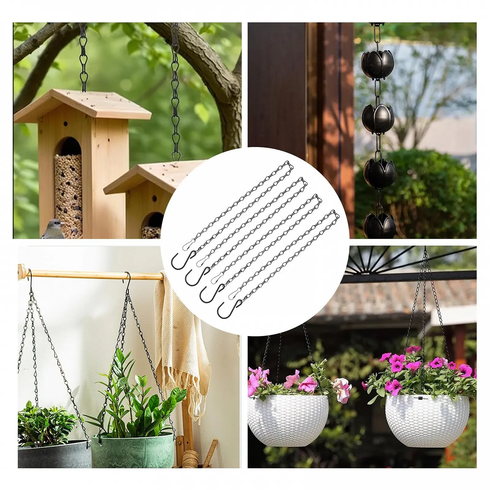 Набір ланцюгів для підвісних кошиків 4 шт. 50 см Метал Чорний з гачками та карабінами, фото №5