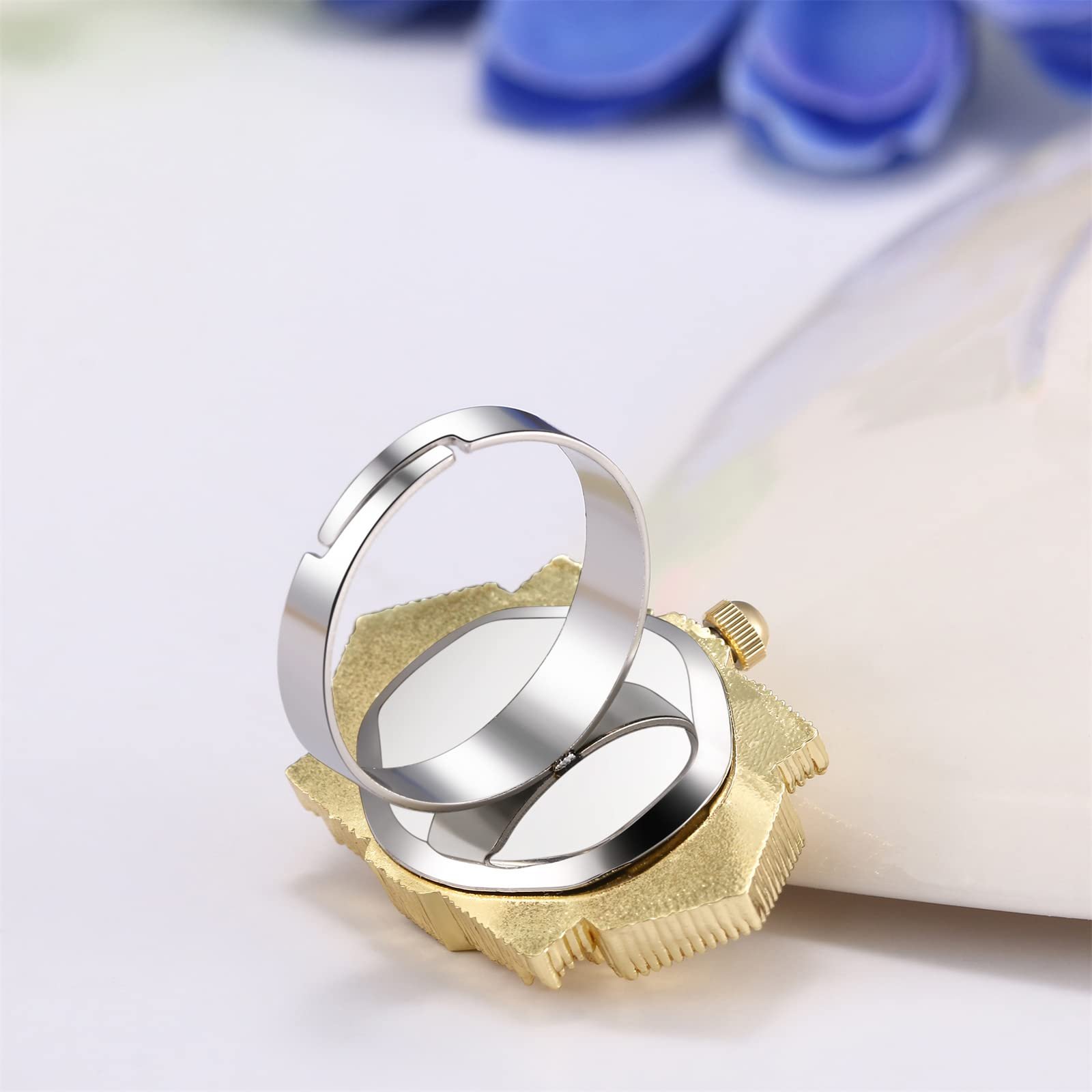 Кольцо-часы Женские JewelryWe Кварцевые Аналоговые Ретро Цветы С резьбой Со стразами Нержавеющая сталь Регулируемые Прямоугольный циферблат Золотой Серебряный, фото №7 Кольцо-часы Женские JewelryWe Кварцевые Аналоговые Ретро Цветы С резьбой Со стразами Нержавеющая сталь Регулируемые Прямоугольный циферблат Золотой Серебряный, фото №7