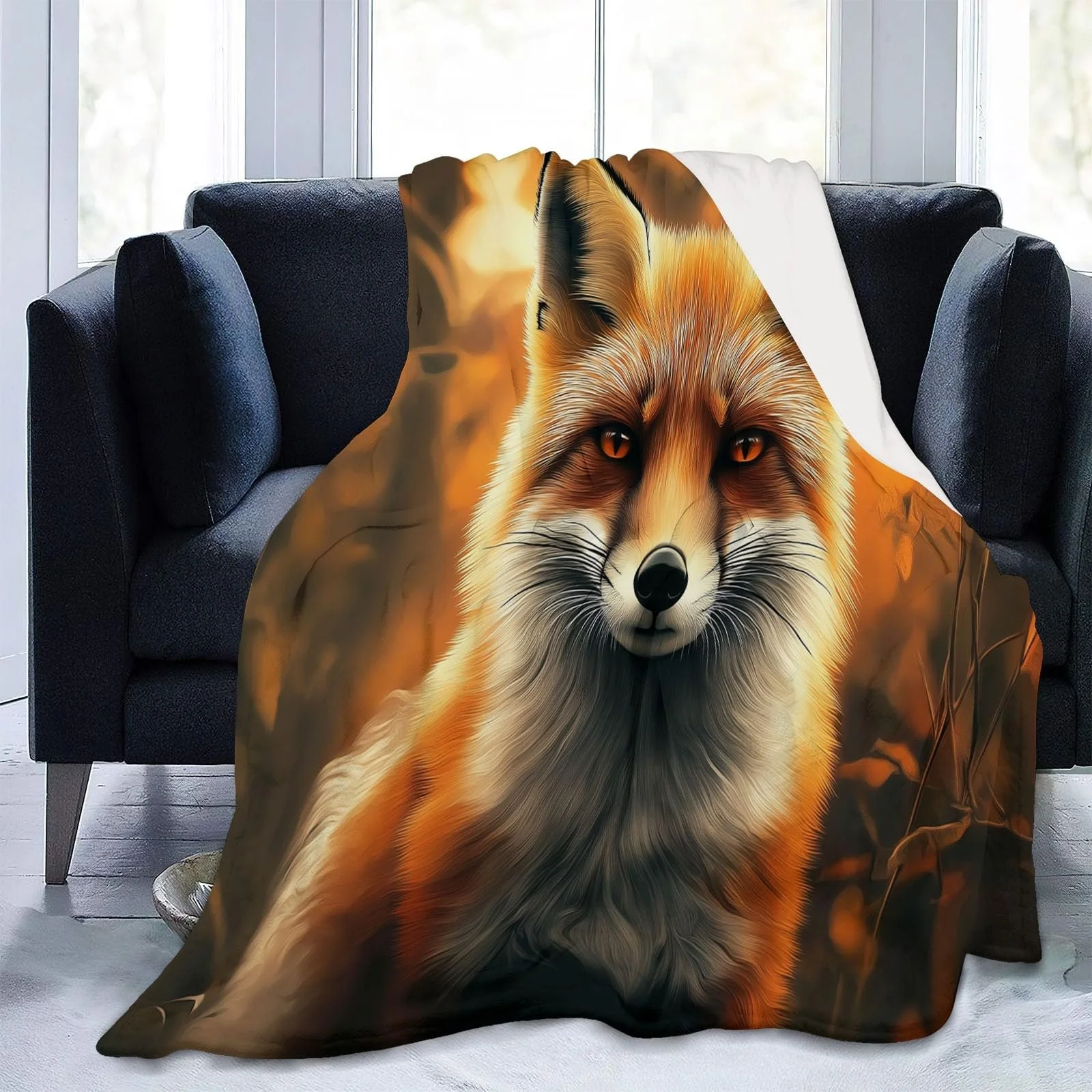 Одеяло Флисовое Мягкое Теплое С Мотивом Лисы, Лесных Листьев 180 x 220 см Коричневое, фото №4