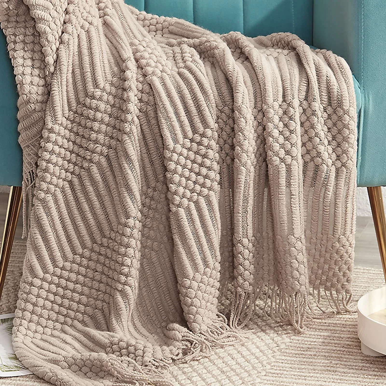 В'язаний Плед LumiSyne Однотонний Пухирчастий Візерунок, фото №2