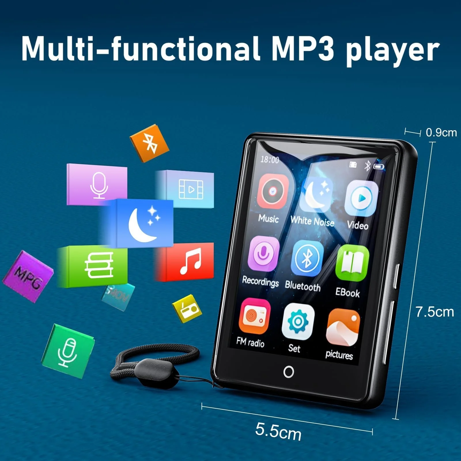 MP3 плеєр 64GB Bluetooth 5.3, 2.8-дюймовий сенсорний екран, портативний HiFi, з динаміком, 18 заспокійливих звуків, до 45 годин автономної роботи, FM-радіо, підтримка 128GB, фото №7