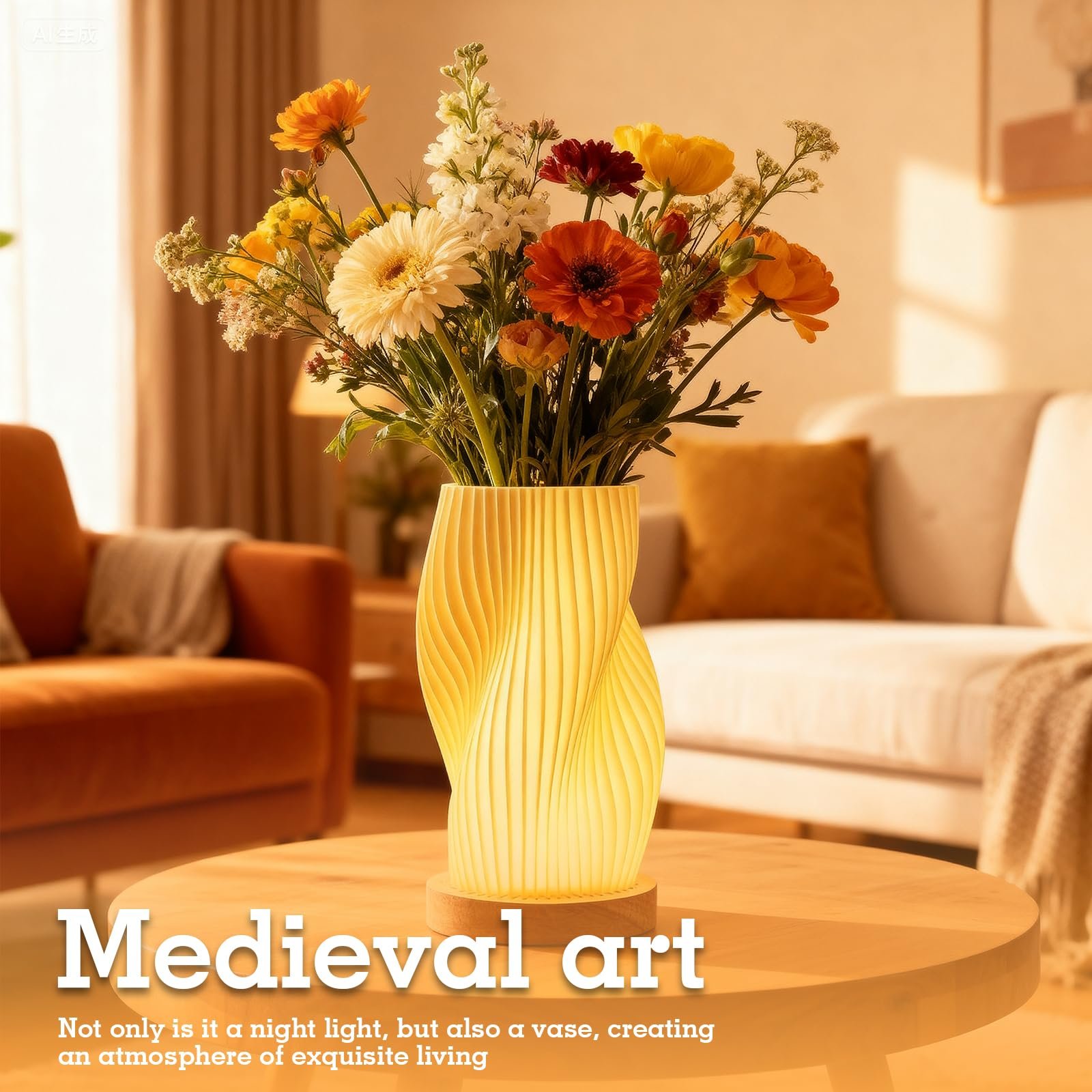 Настільна лампа з дерев'яною основою та абажуром з PLA 3-колірна LED з регулюванням яскравості 9 рівнів сучасна USB поворотна, фото №3