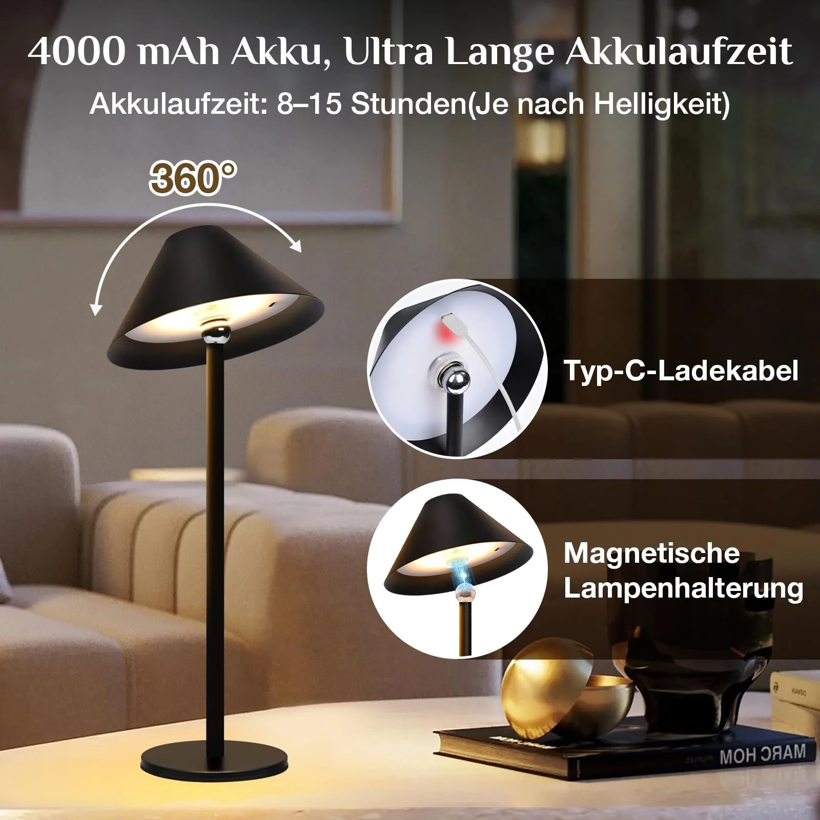 Настільна лампа Rosnek LED Бездротова 360° Магнітна 4000 мАг 3 кольори Сенсорна, фото №3