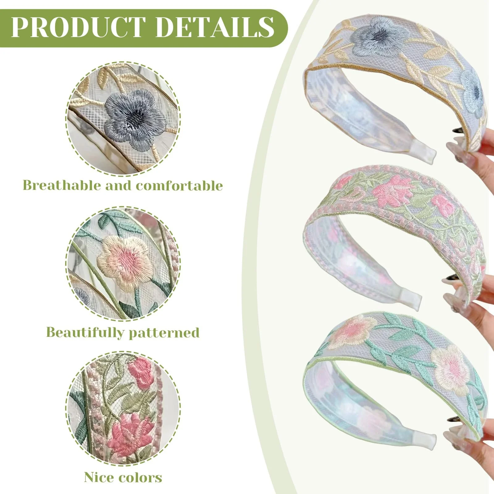 Набір з 3 жіночих обручів для волосся з квітковою вишивкою, фото №3