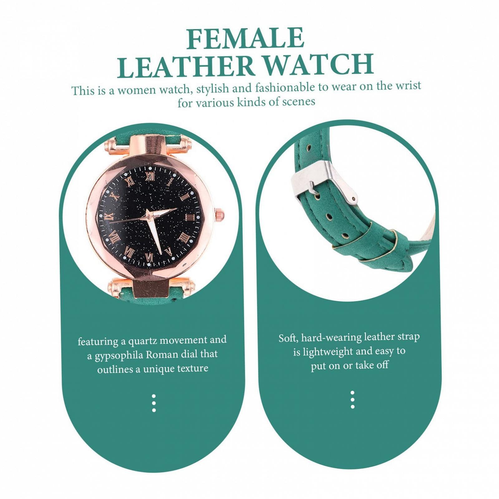 Женские часы PartyKindom с зелеными римскими цифрами, регулируемый кожаный ремешок, фото №9