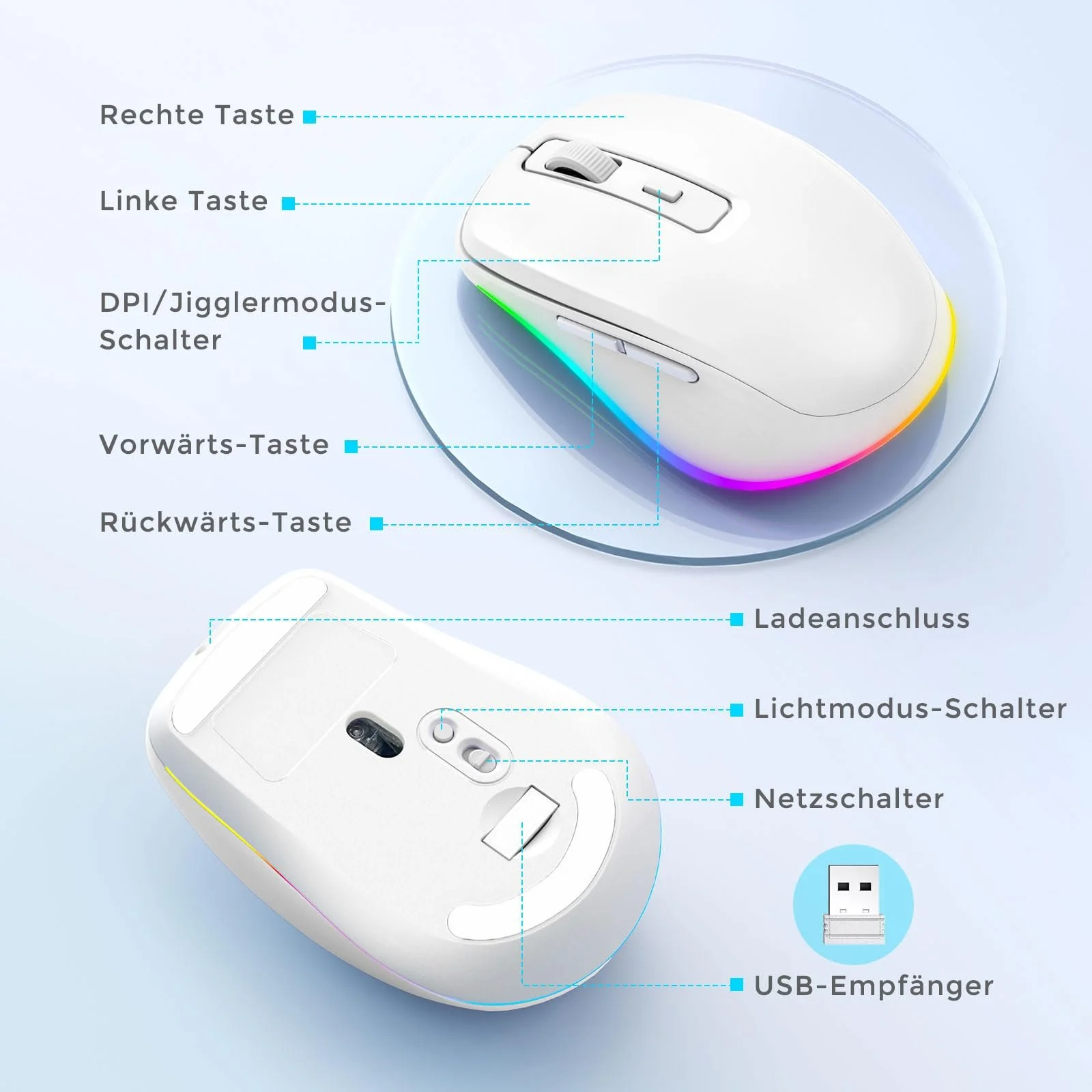 Мышь Беспроводная seenda LED, Перезаряжаемая, с Mouse Jiggler, Тихая 2.4G USB, DPI 2000, Белая, фото №6 Мышь Беспроводная seenda LED, Перезаряжаемая, с Mouse Jiggler, Тихая 2.4G USB, DPI 2000, Белая, фото №6