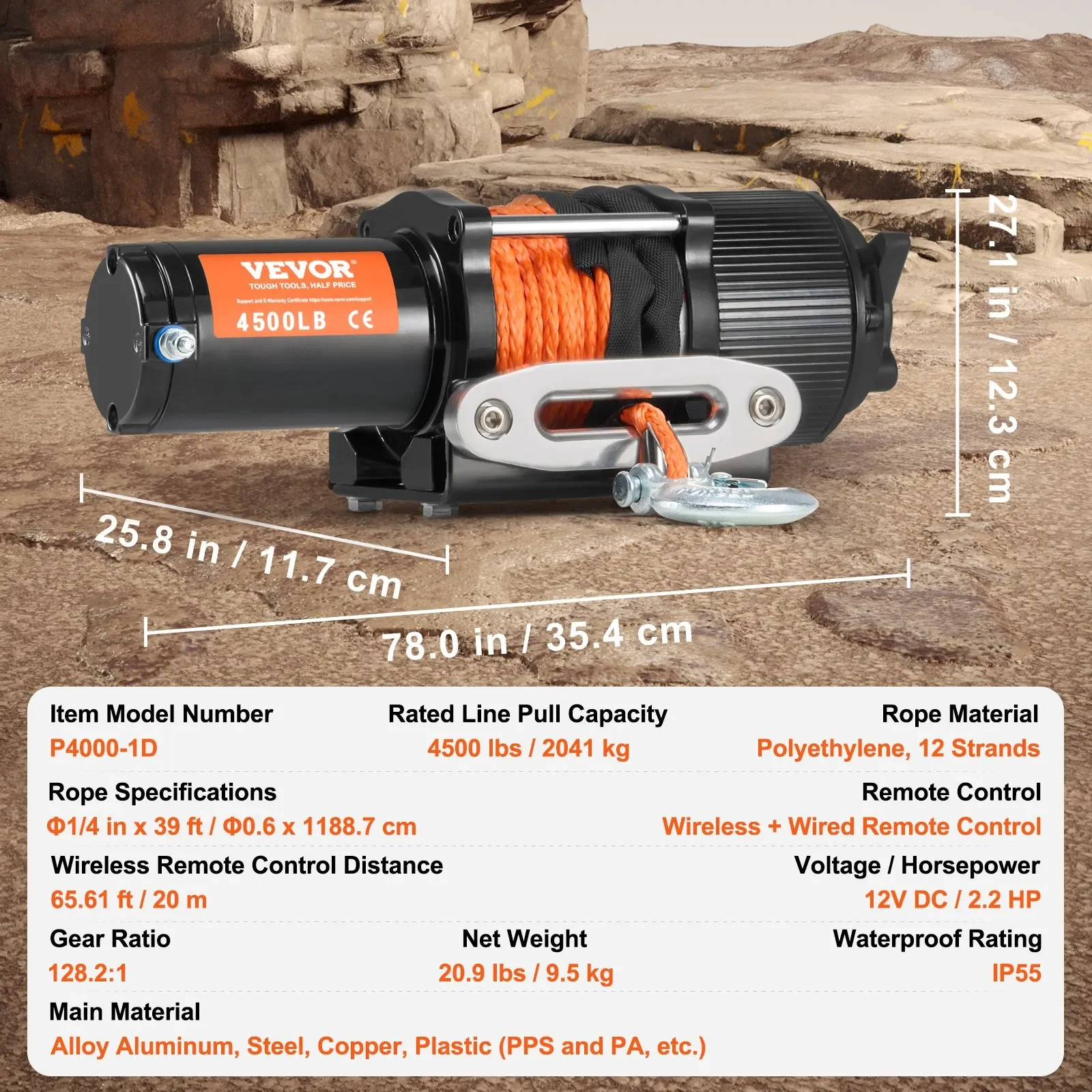 Электролебедка VEVOR P4000-1D / 12В / 2041 кг / 3-ст. редуктор / 128:1 / Черная, фото №8 Электролебедка VEVOR P4000-1D / 12В / 2041 кг / 3-ст. редуктор / 128:1 / Черная, фото №8