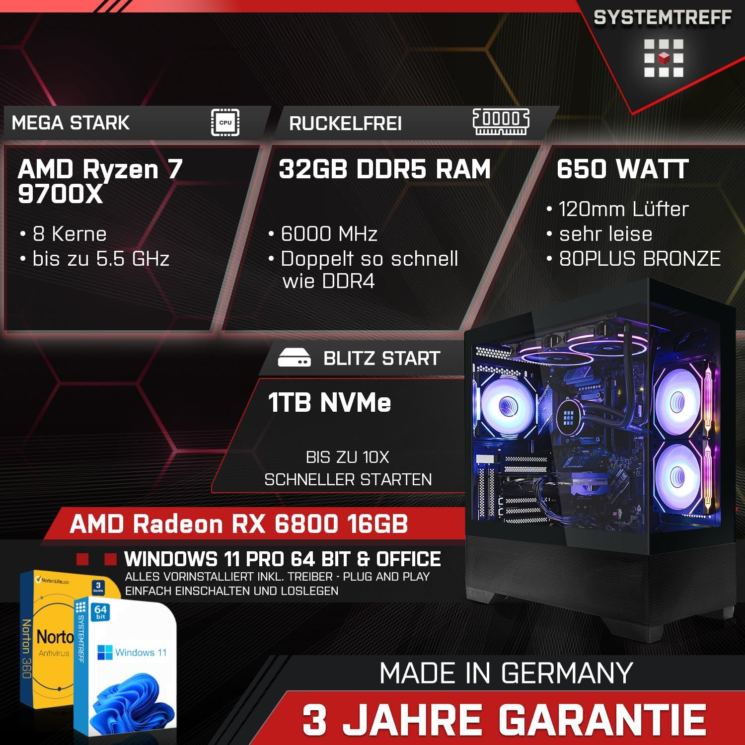 Комплект SYSTEMTREFF Gaming PC AMD Ryzen 7 9700X 8 x 5.5GHz AMD Radeon RX 6800 DX12 1TB M.2 NVMe 32GB DDR5 RAM WLAN Desktop для геймерів, фото №2