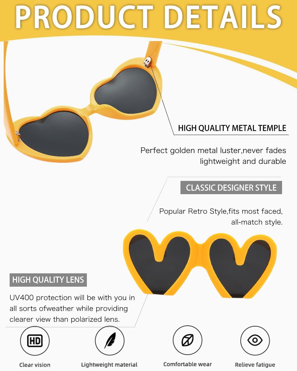 Сонцезахисні Окуляри Серцеподібні Жовтий з Помаранчевим Краєм, фото №3