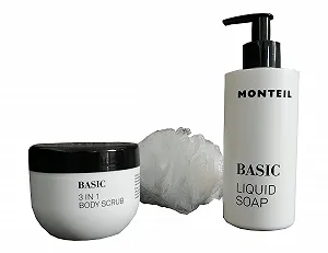Набір подарунковий Monteil Basic для рук і тіла Limited Edition 3-Piece Скраб для тіла 3-в-1 Рідке мило Мило для рук Губка для душу - Фото 1