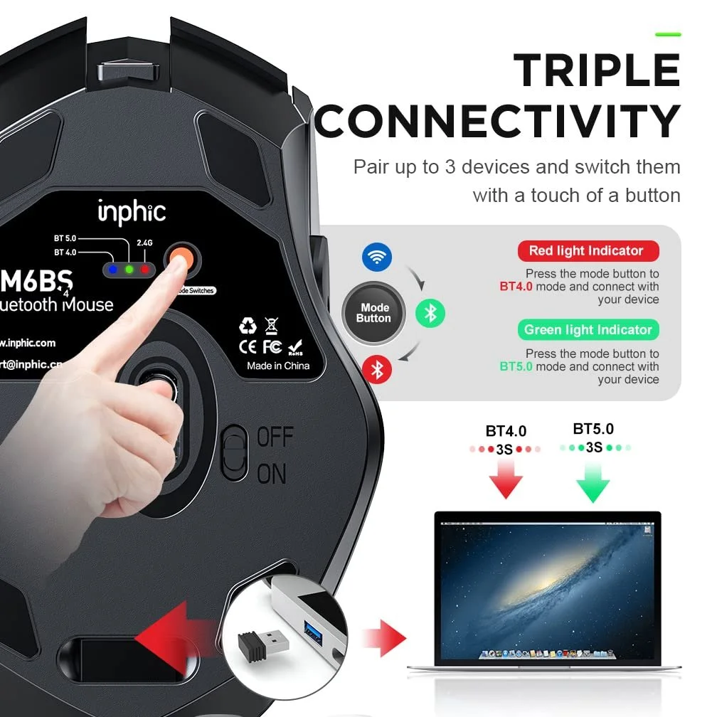 Мышь Bluetooth INPHIC, перезаряжаемая, три режима 5.0/4.0 + 2.4G Wireless, 800-1600 точек на дюйм, портативная для ноутбука, ПК, компьютера, MacOS, 6 кнопок, бесшумный клик, улучшенная батарея 700 мАч, фото №3