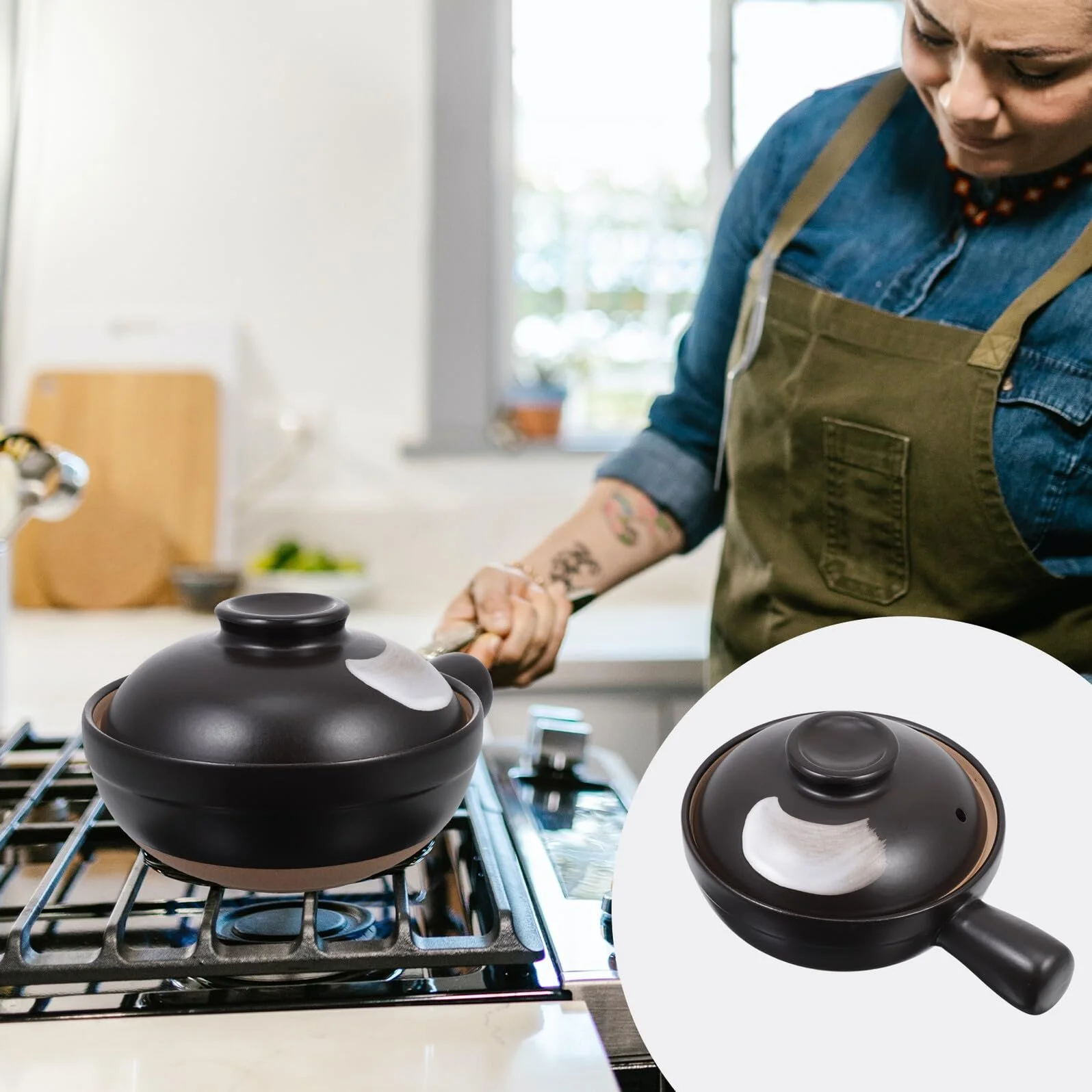 Кастрюля-кессероль NUOBESTY керамическая с крышкой термостойкая для супа и риса из фарфоровой глины, фото №6