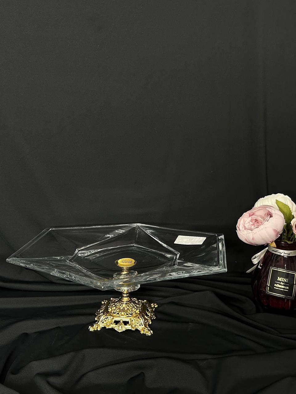 Блюдо, цукерниця кришталь на золотій ніжці 37х33 см, фото №1