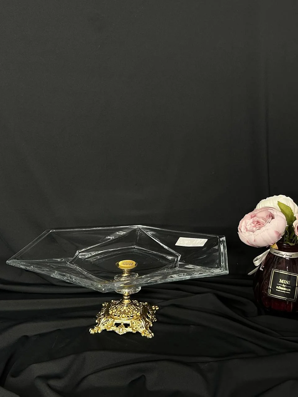 Блюдо, цукерниця кришталь на золотій ніжці 37х33 см, фото №1