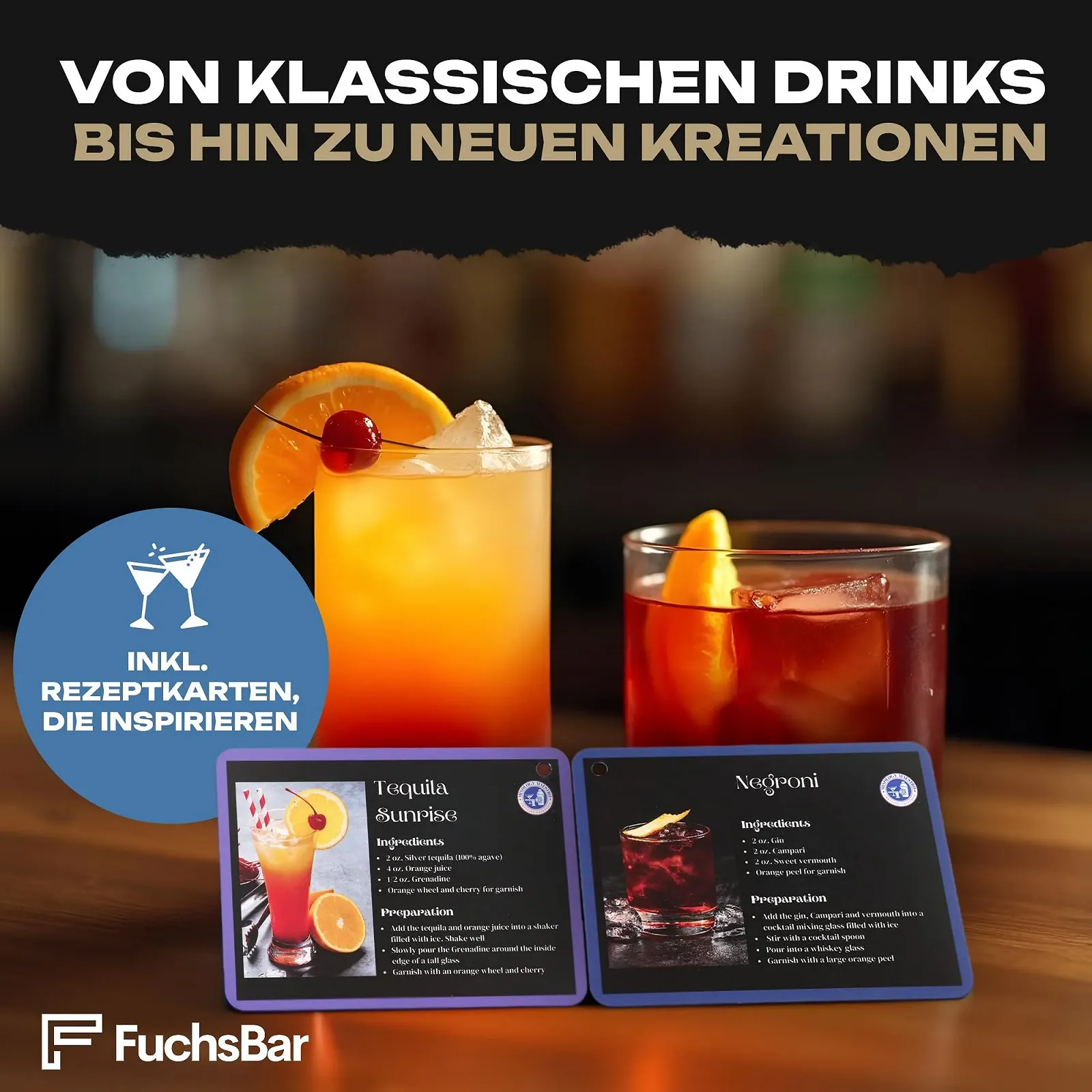 Набір для коктейлів FuchsBar 8 предметів, нержавіюча сталь, шейкер, стрейнер, ложка, картки з рецептами та аксесуари, фото №3