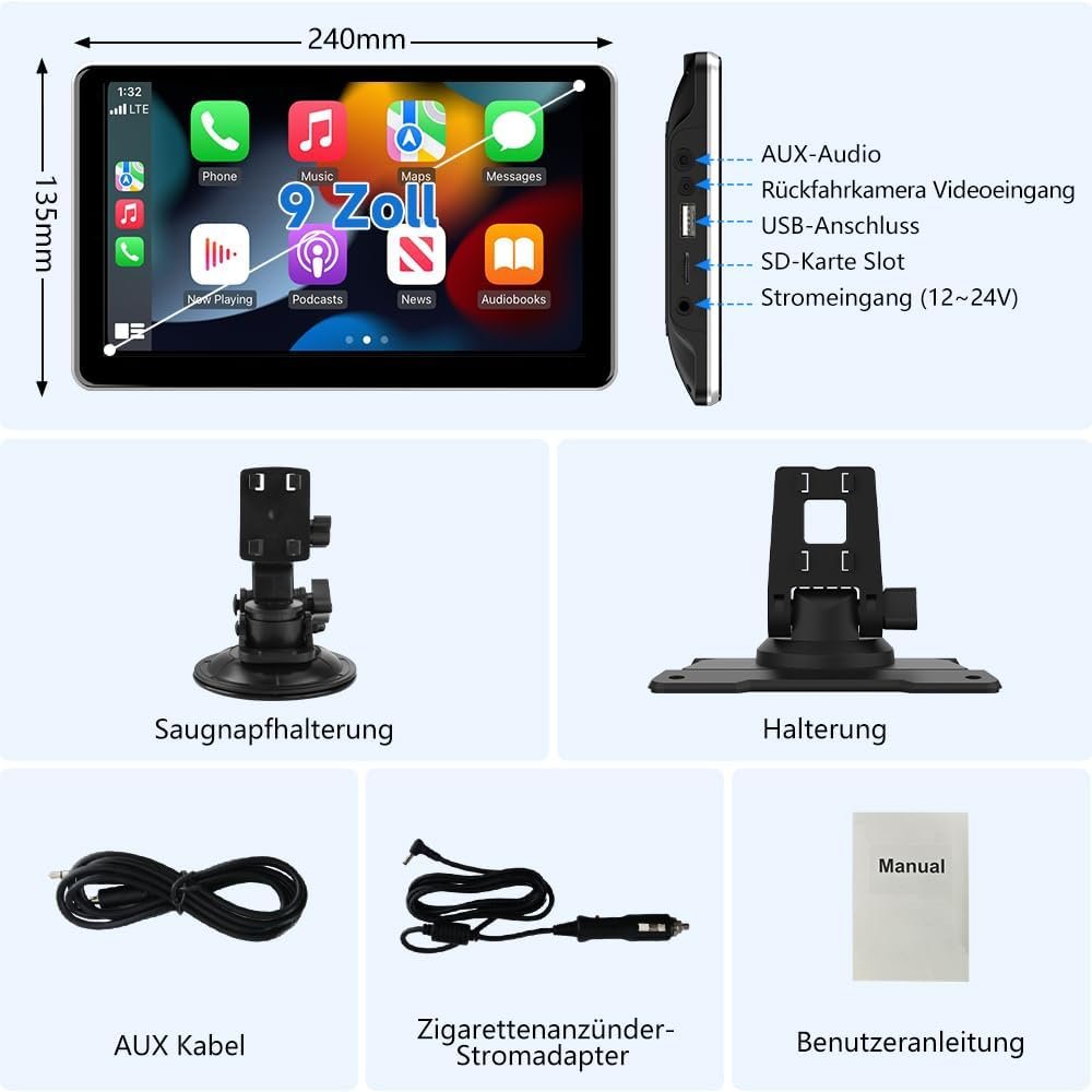 Автомагнітола AWESAFE / 9" / Сенсорна / Apple CarPlay / Android Auto / Bluetooth / USB / AUX / SD slot, фото №7